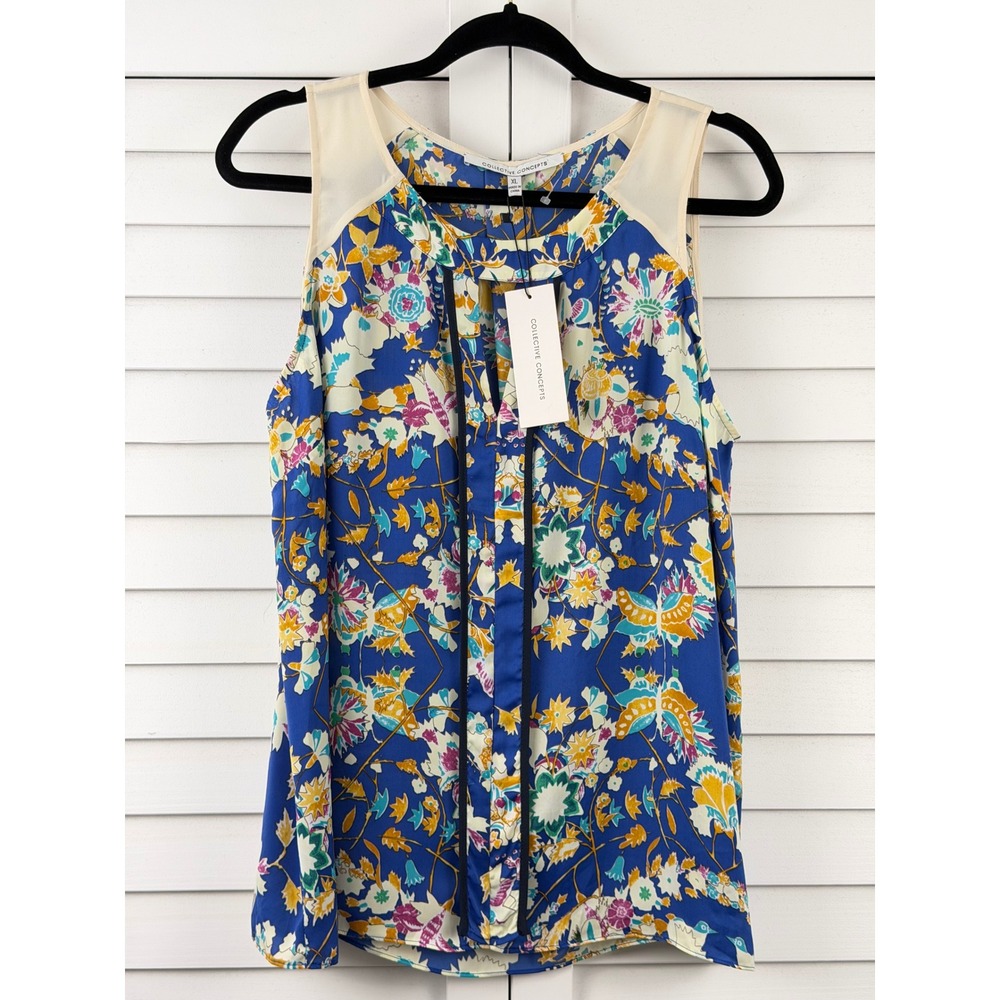 Collective Concepts Blouse Women XL‎ Blue NEW Floral Sleeveless Keyhole Top